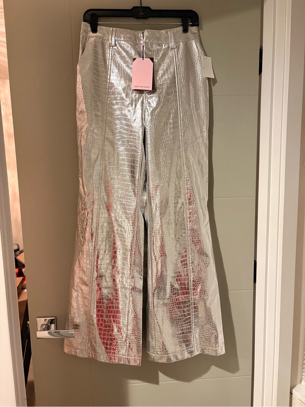 NWT Avec Les Filles Silver Croc Metallic Wide Leg Pants Size 6 - Picture 2 of 5